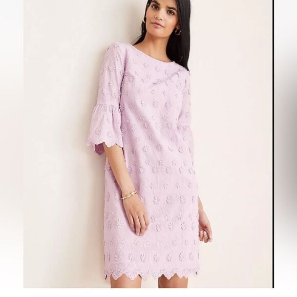 Ann Taylor Daisy Floral Applique Embroidered Shift Lilac Lavender 3/4 Sleeve - Picture 3 of 13